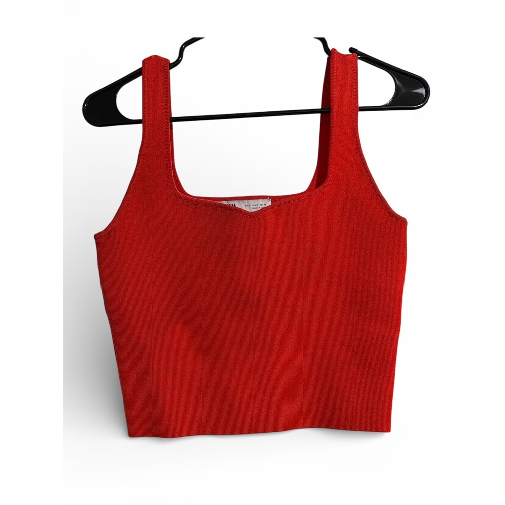 Zara‎ Womens Red Ribbed Knit Square Neck Cropped Tank Top Size S
